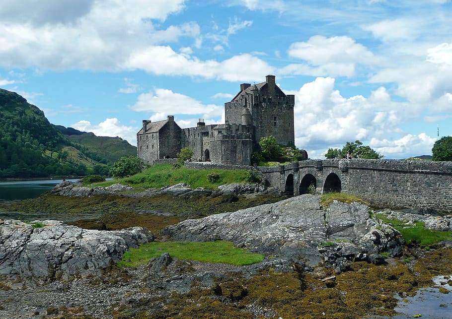 gray, concrete, castle, body, water, bridge, eilean donan castle, scotland, masonry, landscape