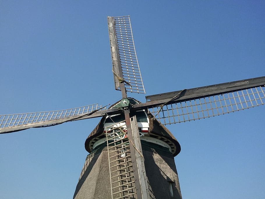 mill, netherlands, broek op langedijk, sky, low angle view, blue, clear sky, built structure, architecture, nature