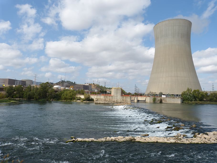nuklir, energi, pusat, listrik, asco, catalunya, reaktor, menara pendingin, sungai ebro, air