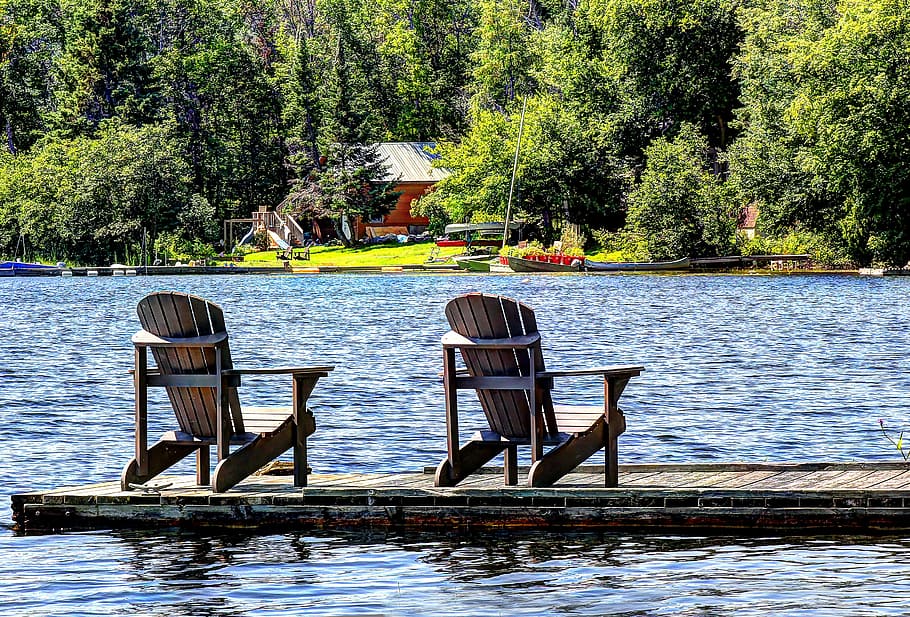 lake, cottage, chairs, water, nature, vacation, cabin, peaceful, dock, tranquil