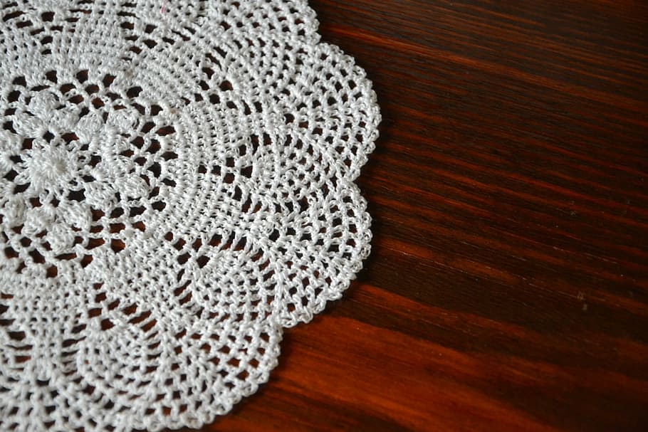 white, knitted, dishcloth, brown, surface, doily, tablecloth, retro, rustic, eat