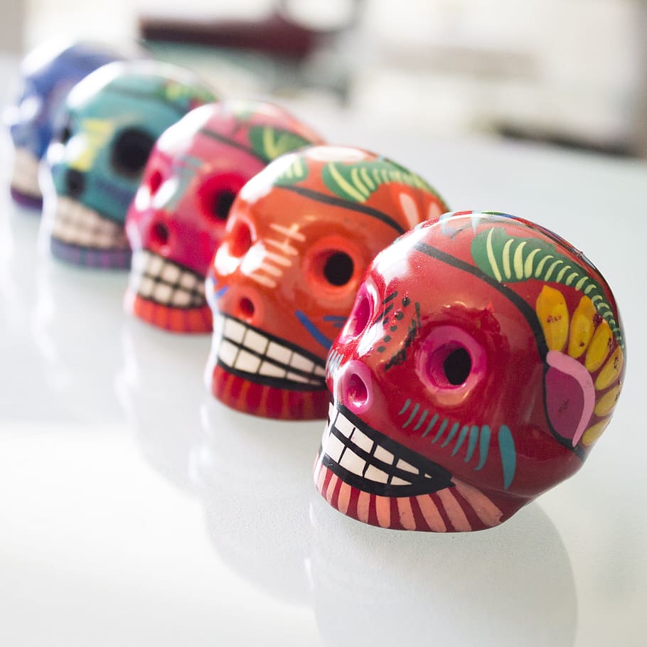 five, assorted-color sugar skull decors, Day Of The Dead, Skulls, Campeche, dia de los muertos, mexico, mexican art, mexican, tradition