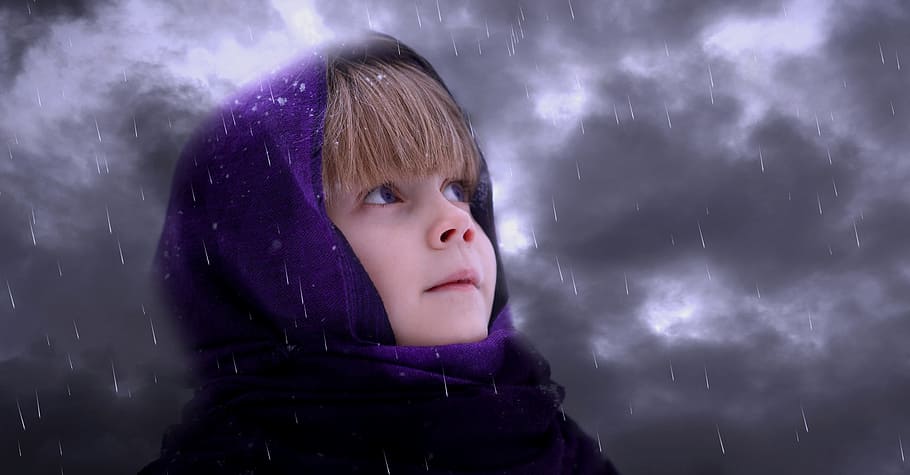 girl, purple, hood, grey, sky, cloudy, time, shawl, looking up, cap