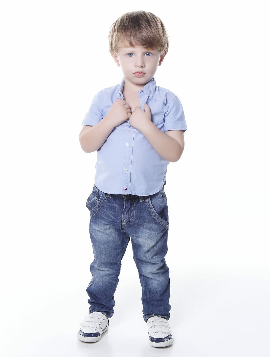 child, gray, collared, top, blue, jeans, looking, cute, small, young