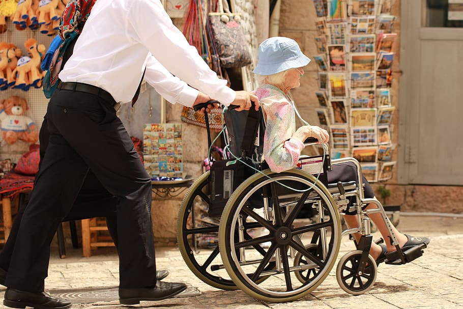 elderly, woman, sick, care, man, wheel chair, outing, stroll, medical equipment, wheelchair