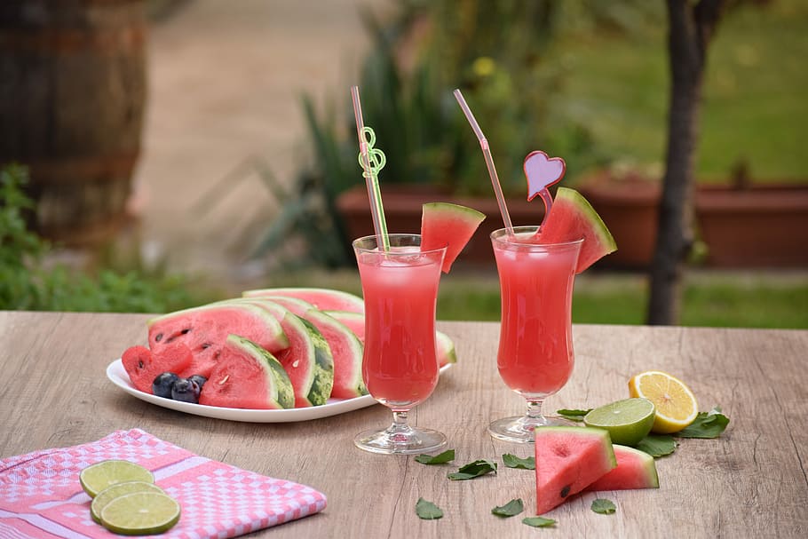 two, watermelon juice, slices, table, refreshment, glass, food, drink, fruit, summer