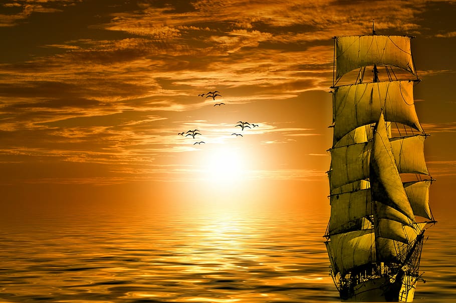 sail, ship, water, golden, hour, sun, gulls, lake, boot, sky