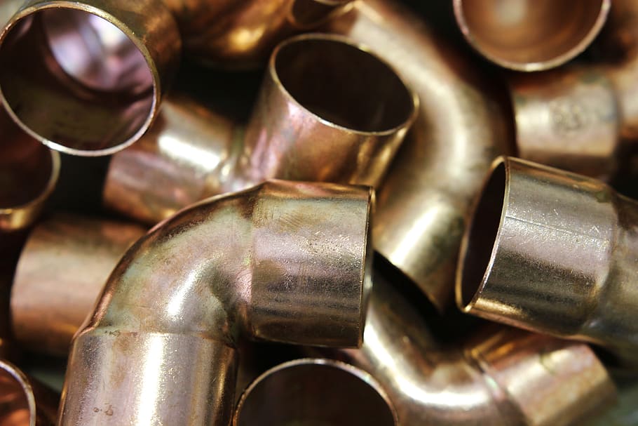 closeup, brass-colored pipe lot, copper, fittings, plumbing, metal, connection, plumbing pipes, materials, repair
