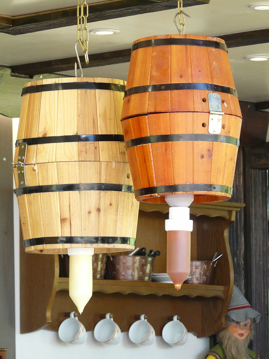 barrels, mustard, ketchup, take out, wooden barrels, wood - material, indoors, food and drink, container, cylinder