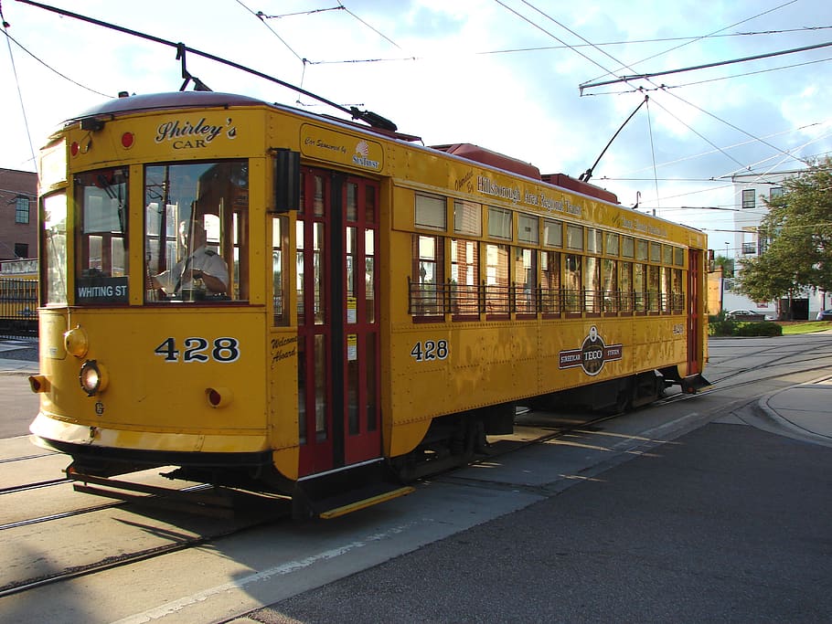 streetcar, tram, cable car, transportation, public, commuter, city, ybor city, tampa, tracks