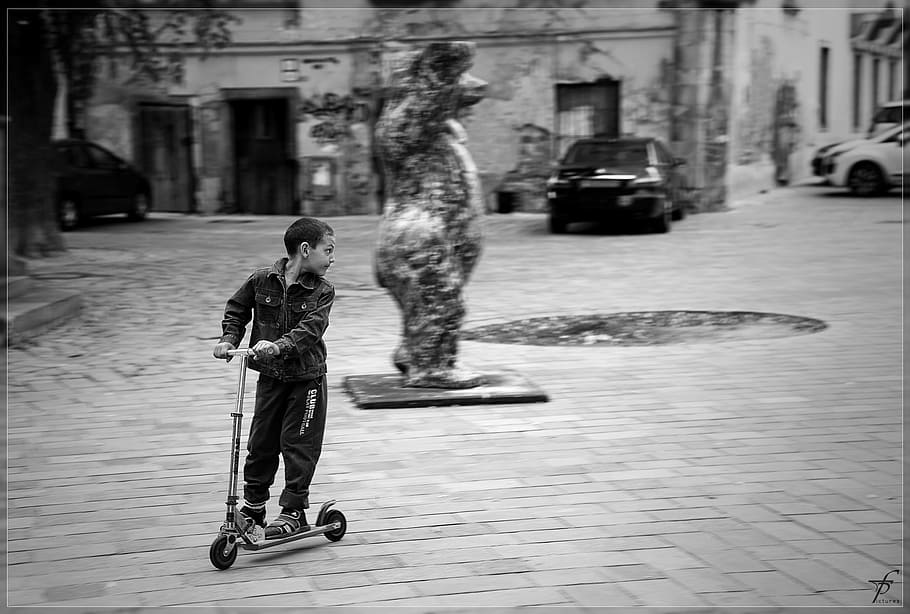 Child, Boy, Skating, Fun, playing, street, black white, city, architecture, urban