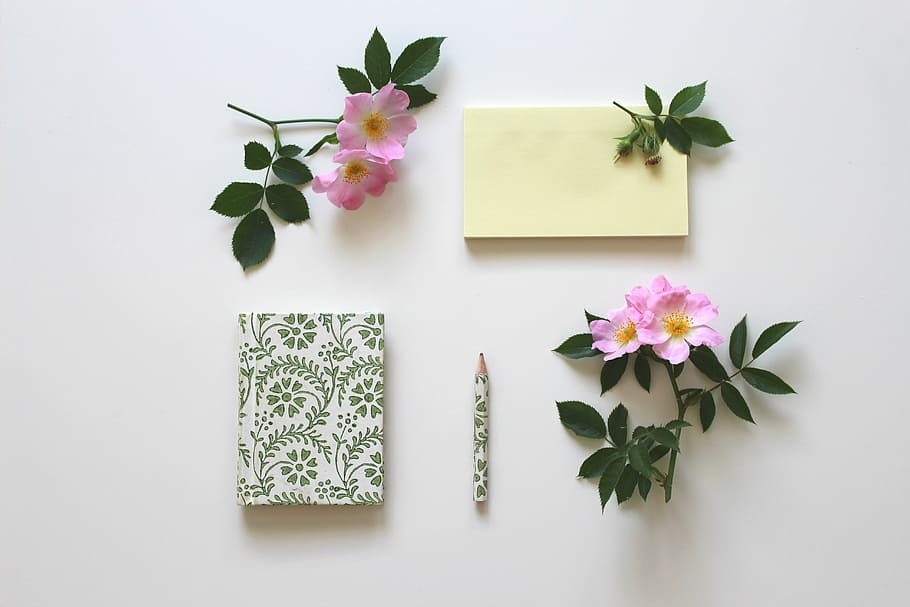 pink, petaled flowers, book, pencil, notizbiuch, notes, note, paper, stickies, notepad