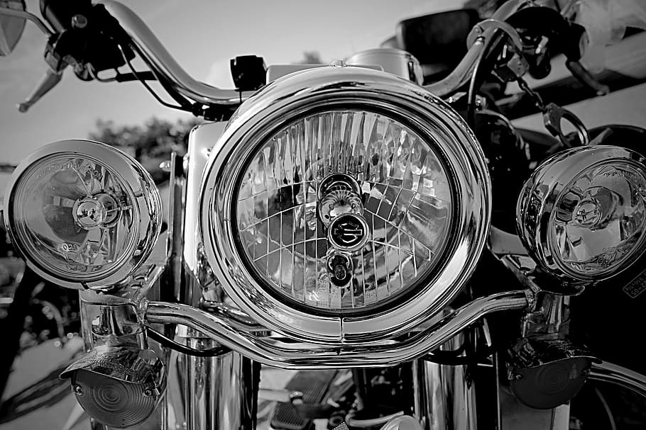 grayscale photography, cruiser motorcycle, harley, motorcycle, harley davidson, biker, bikers, reflections, land vehicle, mode of transportation