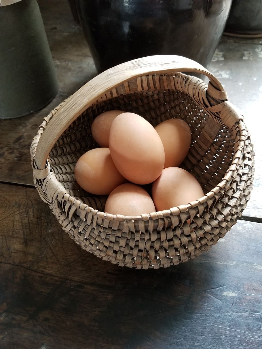 eggs, basket, vintage, crock, table, container, still life, food, food and drink, egg