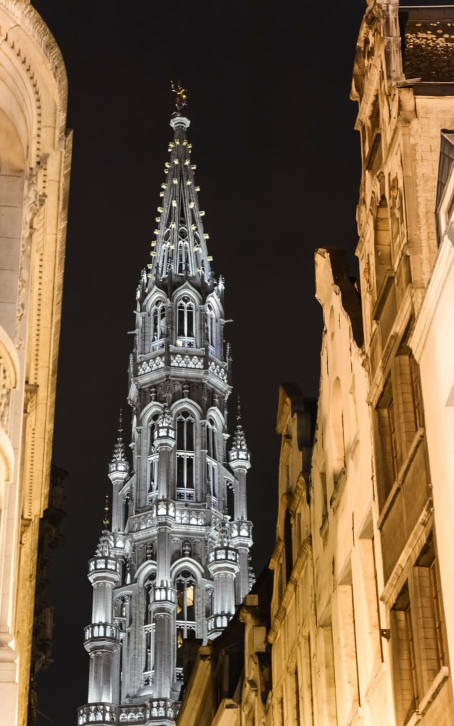 brussels, large square, saint michel, belgium, architecture, tower, bell tower, night, light, built structure