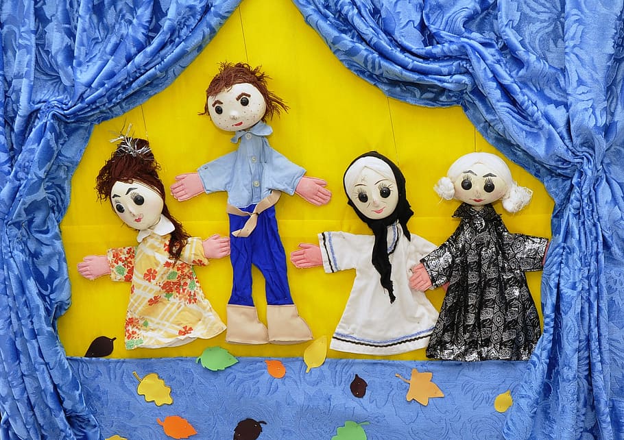 several, dolls, blue, curtain, puppets, child, toy, doll, hand, childhood