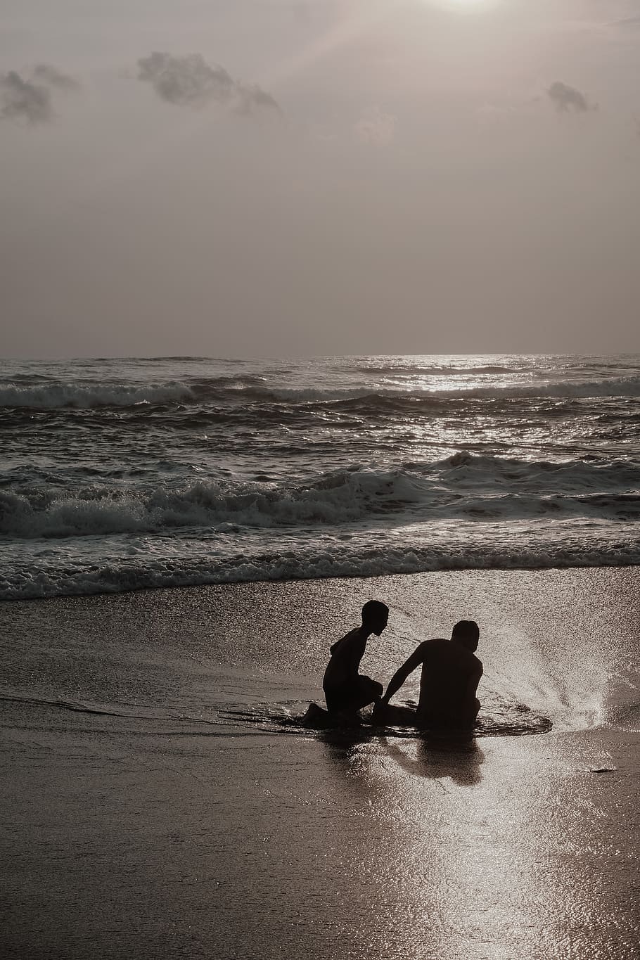 father, son, beach, sunset, silhouette, happy, parent, childhood, happiness, male
