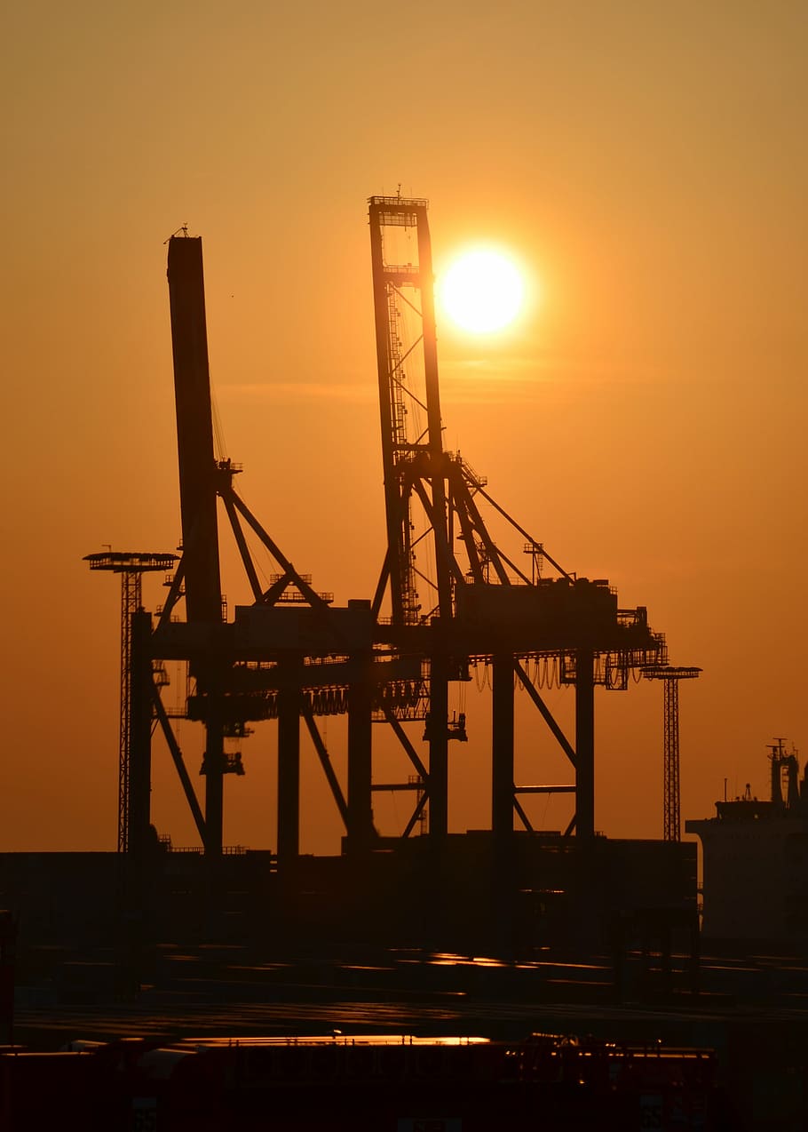 factory, sunset, harbour cranes, gantry cranes, industry, port, harbour romance, harbor impressions, freight transportation, shipping