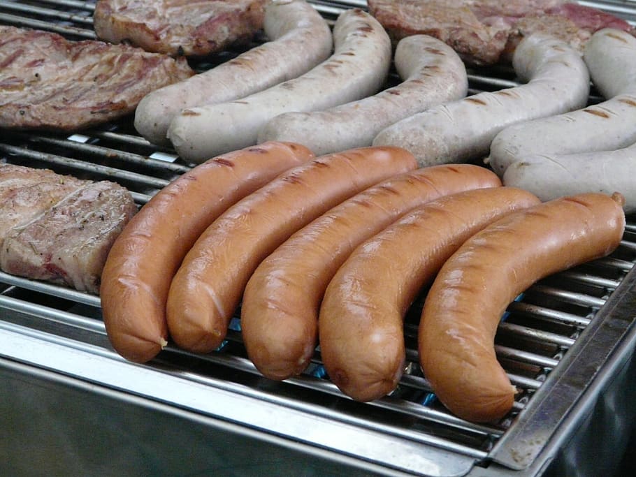 barbecue, sausage, red sausage, white sausage, grill sausage, red, bratwurst, fire, heat, sizzle