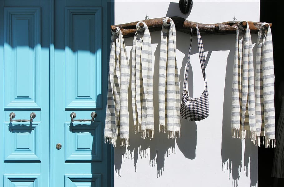 five, white-and-grey, striped, scarves, hanging, wall, Decoration, Coat Hanger, Facade, drying