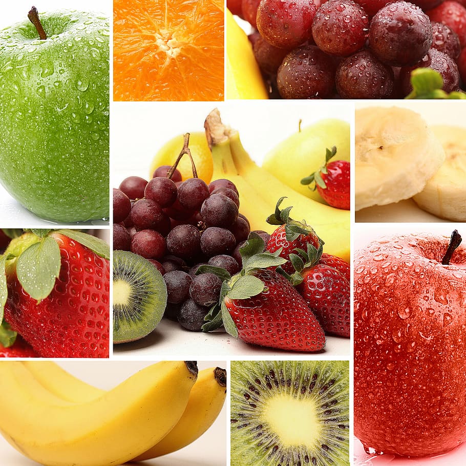 variedad, collage de frutas, manzana, naranja, banannen, kiwi, uvas, fresa, fruta, saludable