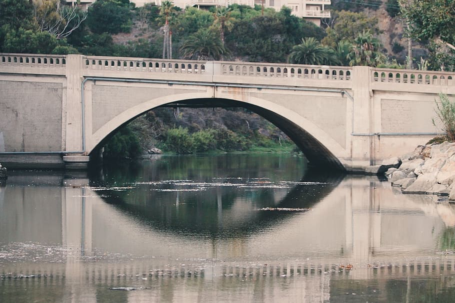 abu-abu, jembatan, hijau, berdaun, pohon, siang hari, foto, beton, air, refleksi