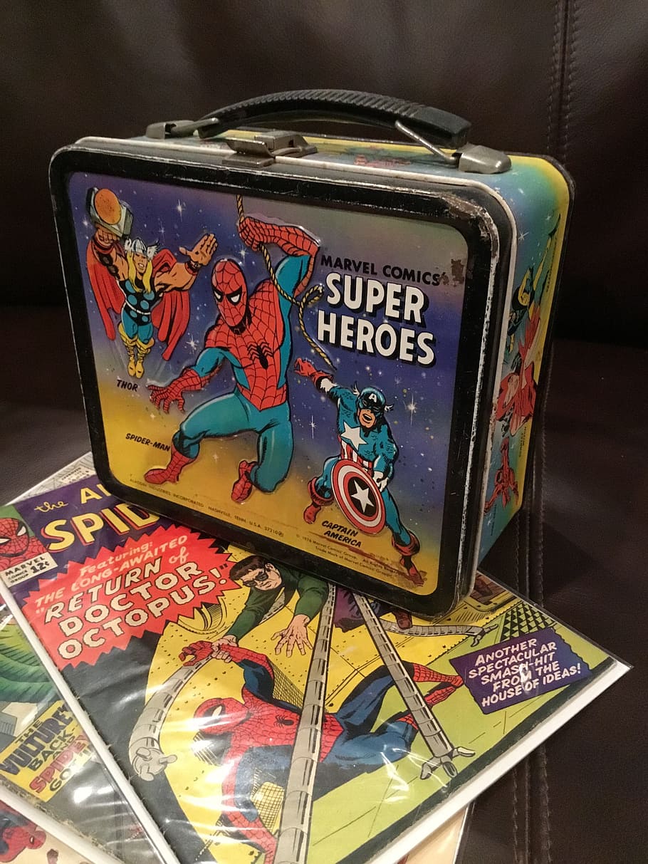 kotak makan siang, superhero, spiderman, komik, 1960, berkarat, tua, thor, kapten amerika, doc ock