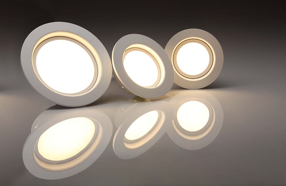three, white, ceiling lights, led, bulbs, lights, electricity, equipment, energy, lamp