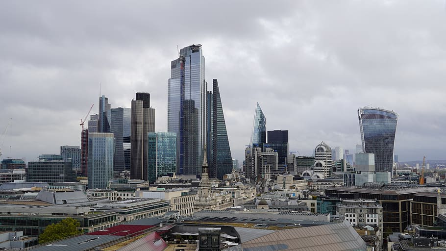 skyline, london, financial district, city, view, skyscrapers, elevated, england, landmark, architecture
