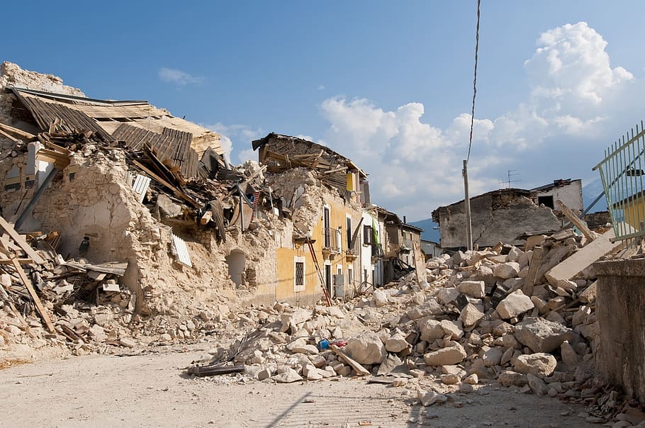 brown, white, demolished, building, earthquake, rubble, collapse, disaster, house, roads