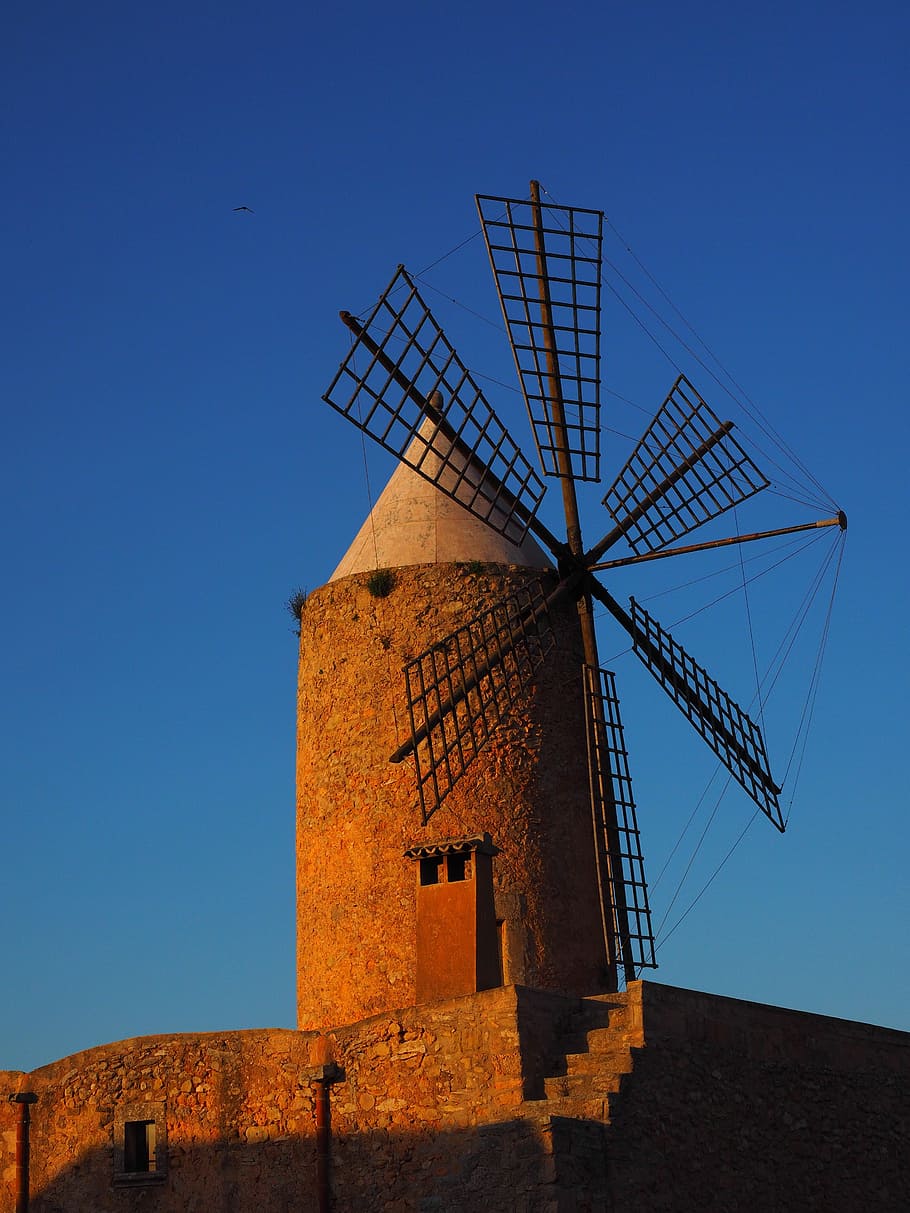 windmill, mallorca, mill, wind energy, wing, wind power, tower, roof, white, windmill blades