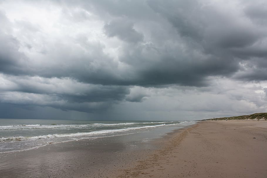 denmark, jutland, beach, sea, dark clouds, force of nature, cloud - sky, water, sky, storm
