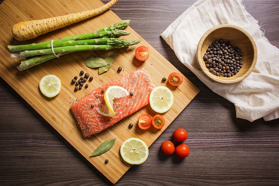 slice fish, asparagus, brown, chopping, board, food, foodie, bake, salmon, fish