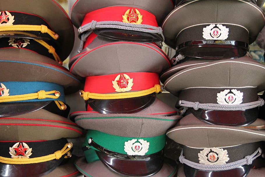 assorted-color, peaked, cap lot, Ussr, Military, Soviet Union, Union, Berlin, berlin, hammer and sickle, military cap