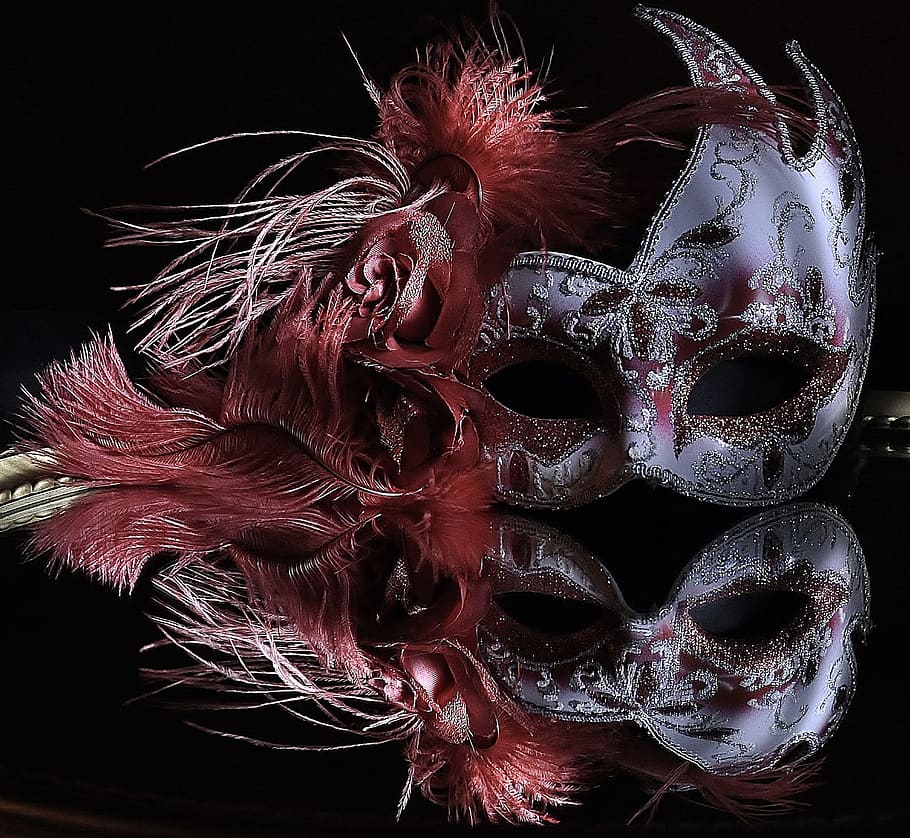 grey, red, masquerades, mask, venetian, light painting, feather, reflection, close-up, black background