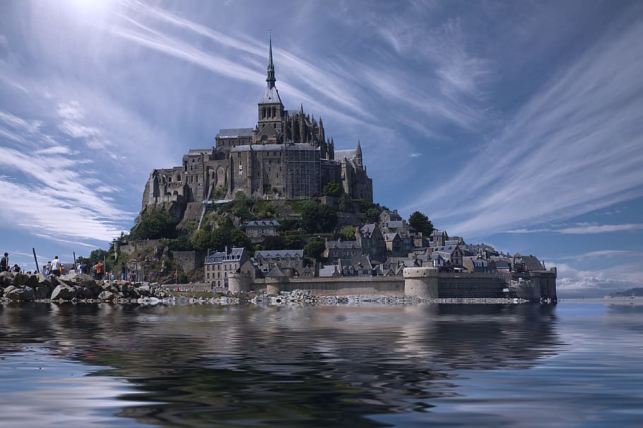 gray concrete castle, mont saint michel, france, normandy, europe, architecture, landmark, monastery, island, abbey