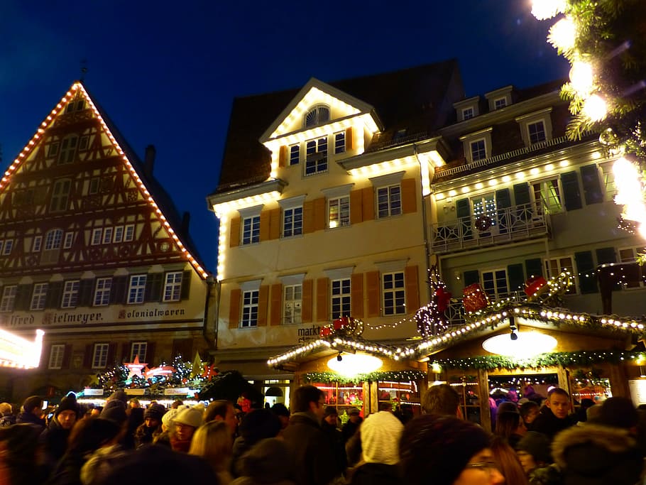 christmas market, esslingen, mood, old town, fachwerkhaus, illuminated, crowd, building exterior, night, architecture