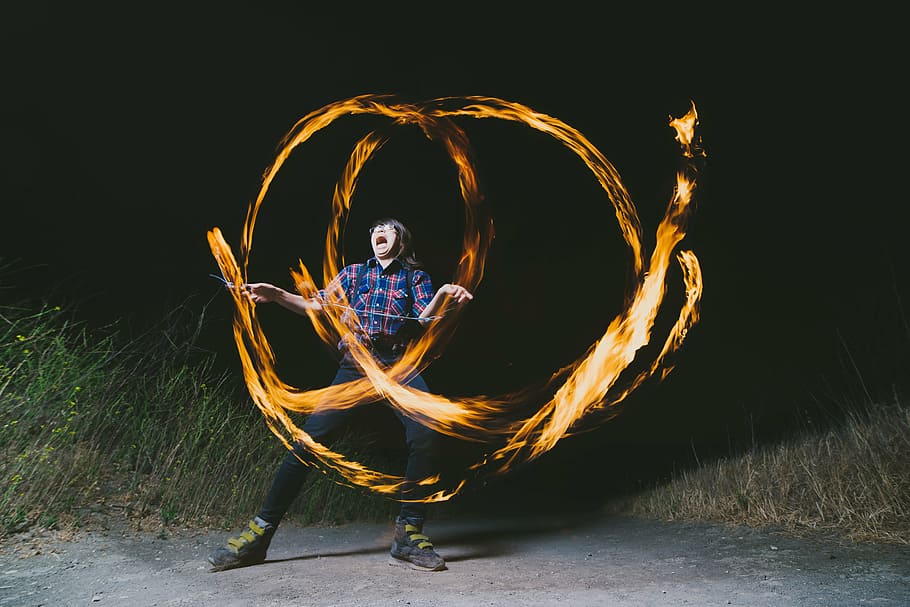 steel wool photography, person, standing, time, lapse, photography, man, fire, dance, dark