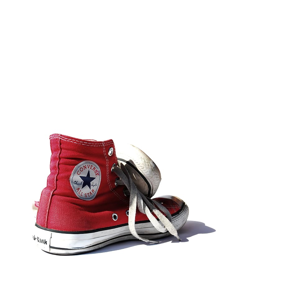 pair, red-and-white, converse, all-star, high-tops sneakers, convers, shoe, sneaker, white background, copy space