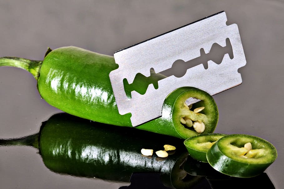 green, chili, gray, steel blade, pepperoni, sharp, cut, knife, razor blade, healthy eating
