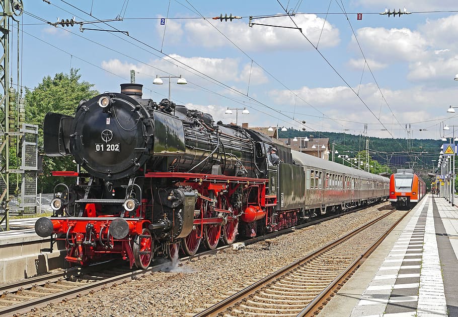 black, red, train station, cloudy, sky, steam locomotive, silberlinge, plan steam, event, br01