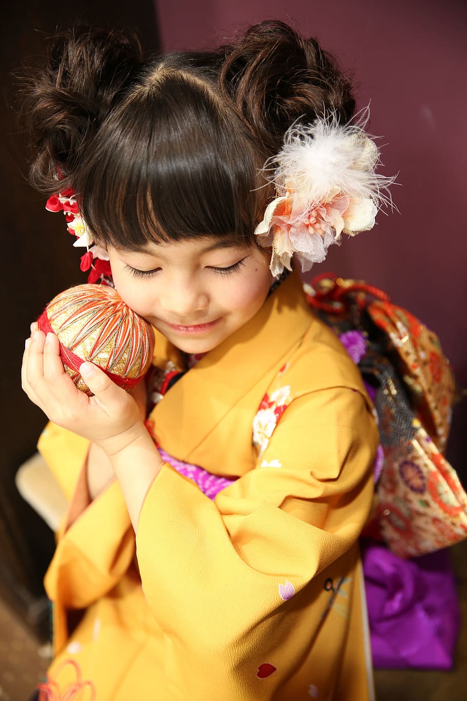gadis, mengenakan, kuning, bunga, kimono, gaun, jepang, tradisional, asia, tradisi