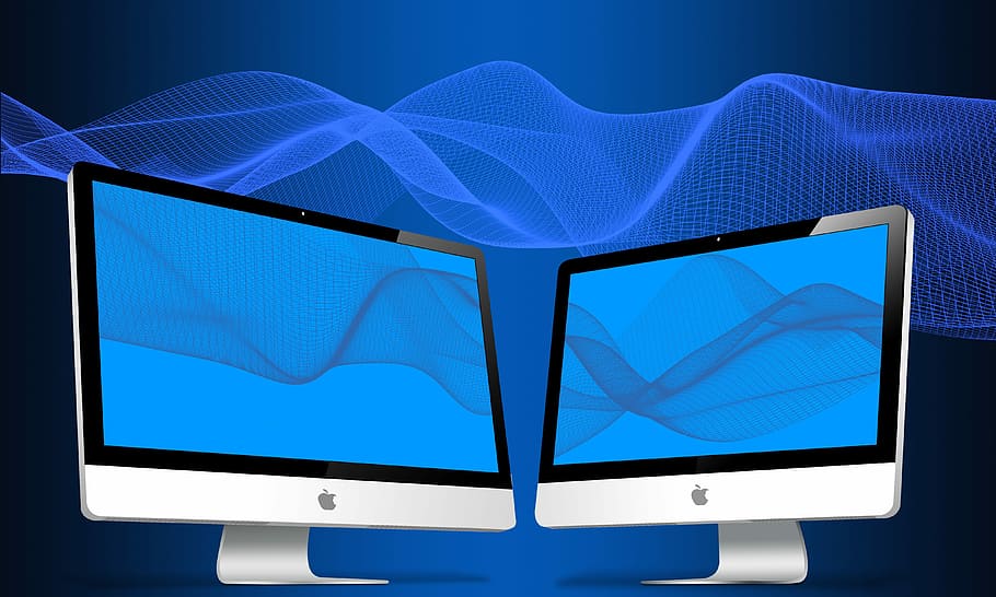 dua perak iMac, teknologi, internet, layar, komputer, bisnis, monitor, komunikasi, peralatan komputer, biru