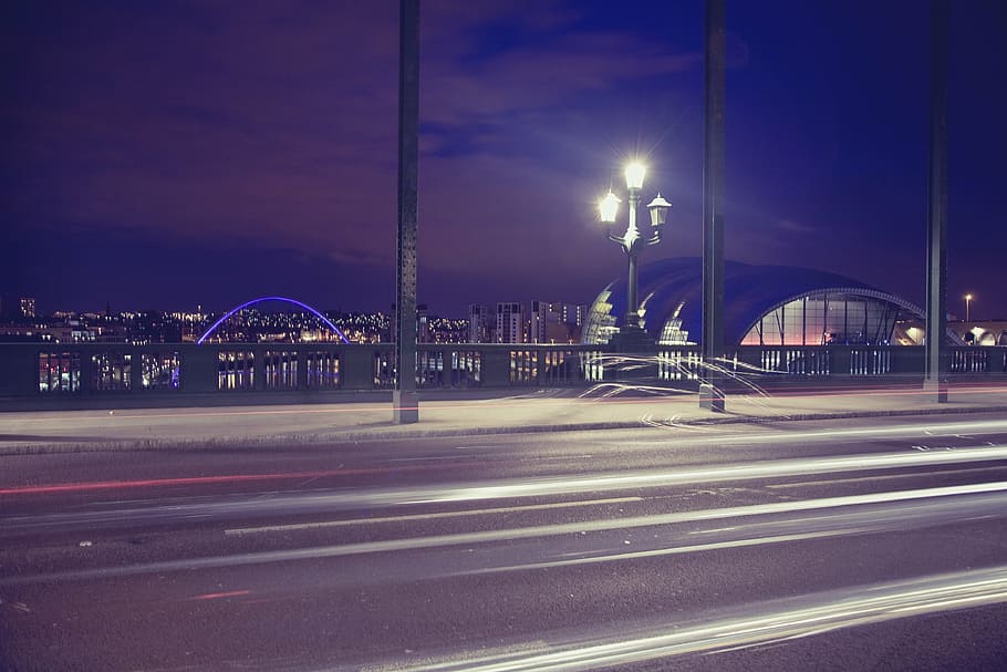 beton, jalan, tiang lampu, malam hari, foto, aspal, arsitektur, bangunan, kota, jembatan