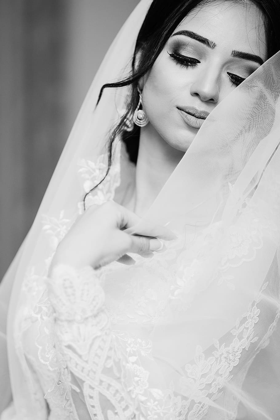 grayscale photograph, woman, wearing, veil, people, girl, bride, white, wedding, gown