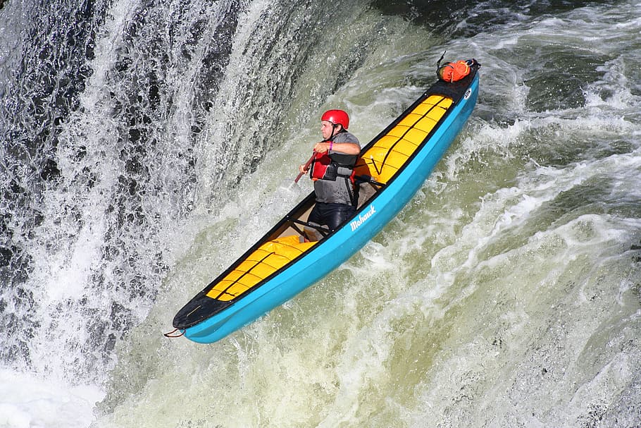 person, teal kayak, daytime, kayaking, extreme, kayak, water, sport, adventure, active