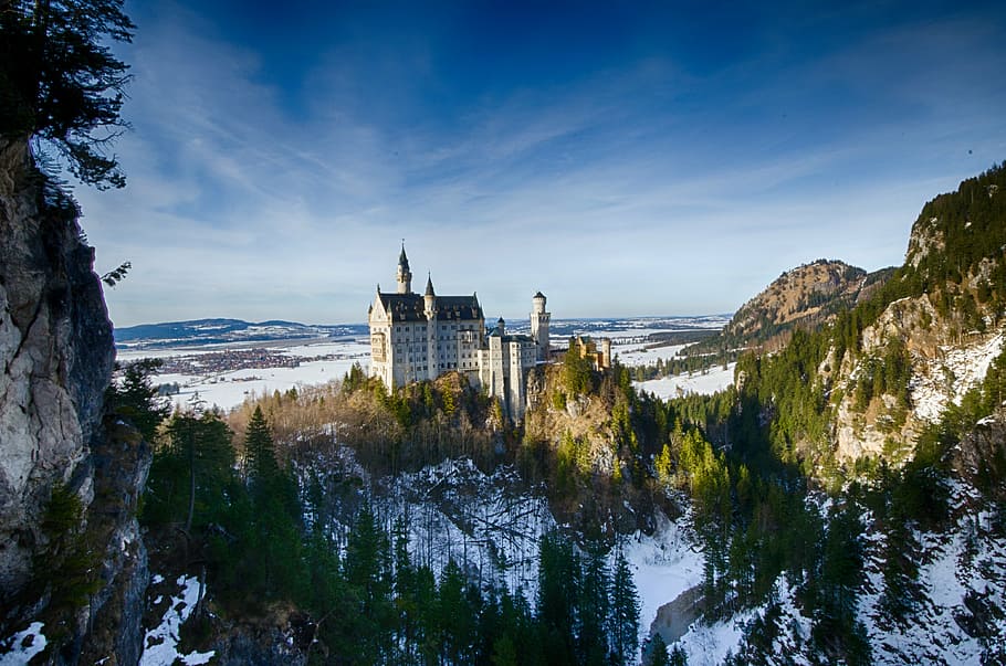blanco, concreto, castillo, montaña, Alemania, Baviera, Kristin, castillo de hadas, castillo de Neuschwanstein, lugares de interés