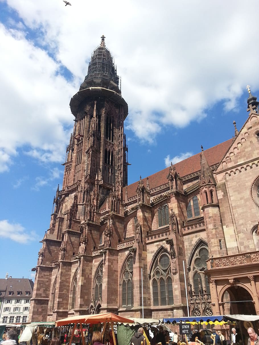 Münster, freiburg, menara gereja, pasar, gothic, memulihkan, iman, agama, Kekristenan, langit
