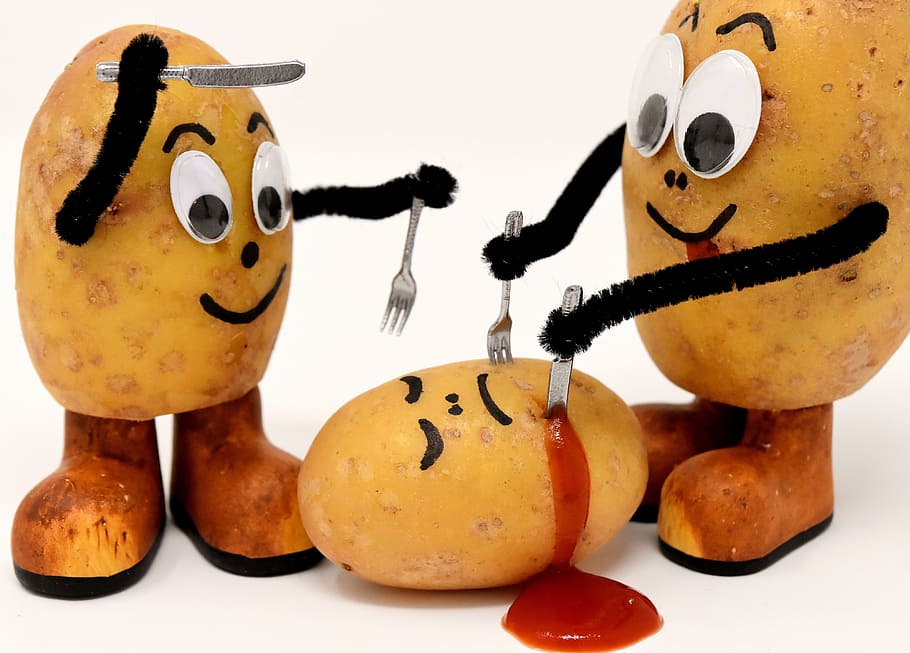 three, potatoes, holding, knife, cannibals, funny, fork, eat, kill, ketchup