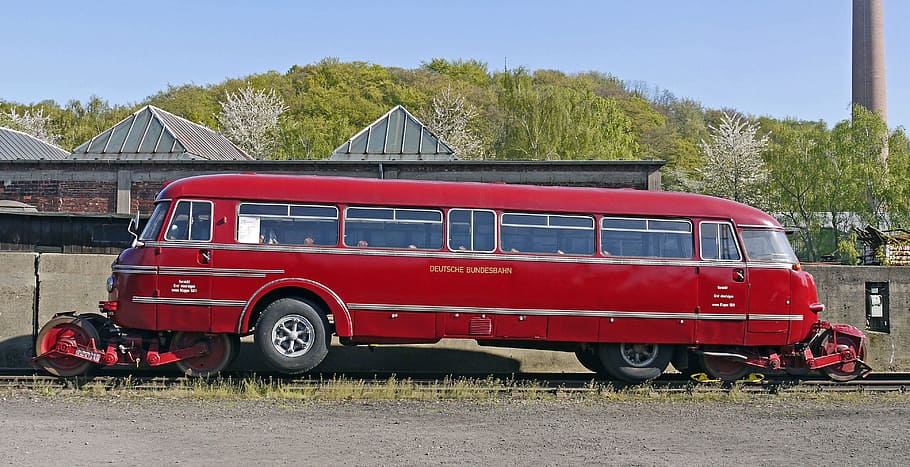 autobús rojo, schie-stra-bus, deutsche bundesbahn, década de 1950, vehículo combinado, históricamente, nostálgico, ferrocarril, carretera, además de rutas